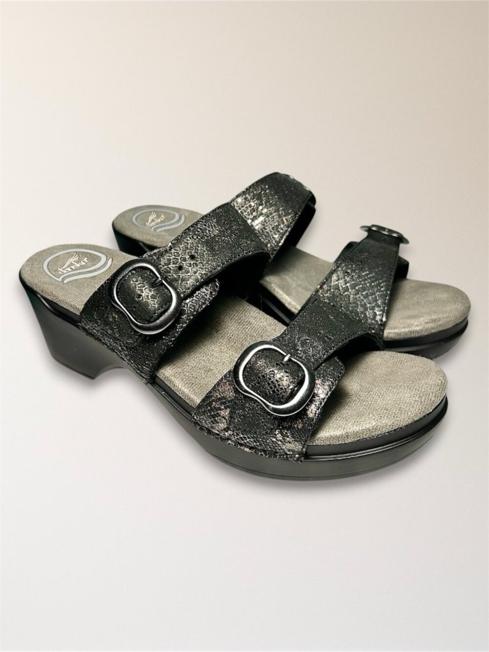 Dansko Womens EU38 US 8 Metallic Snake Leather Slide Wedge Sandals Comfort